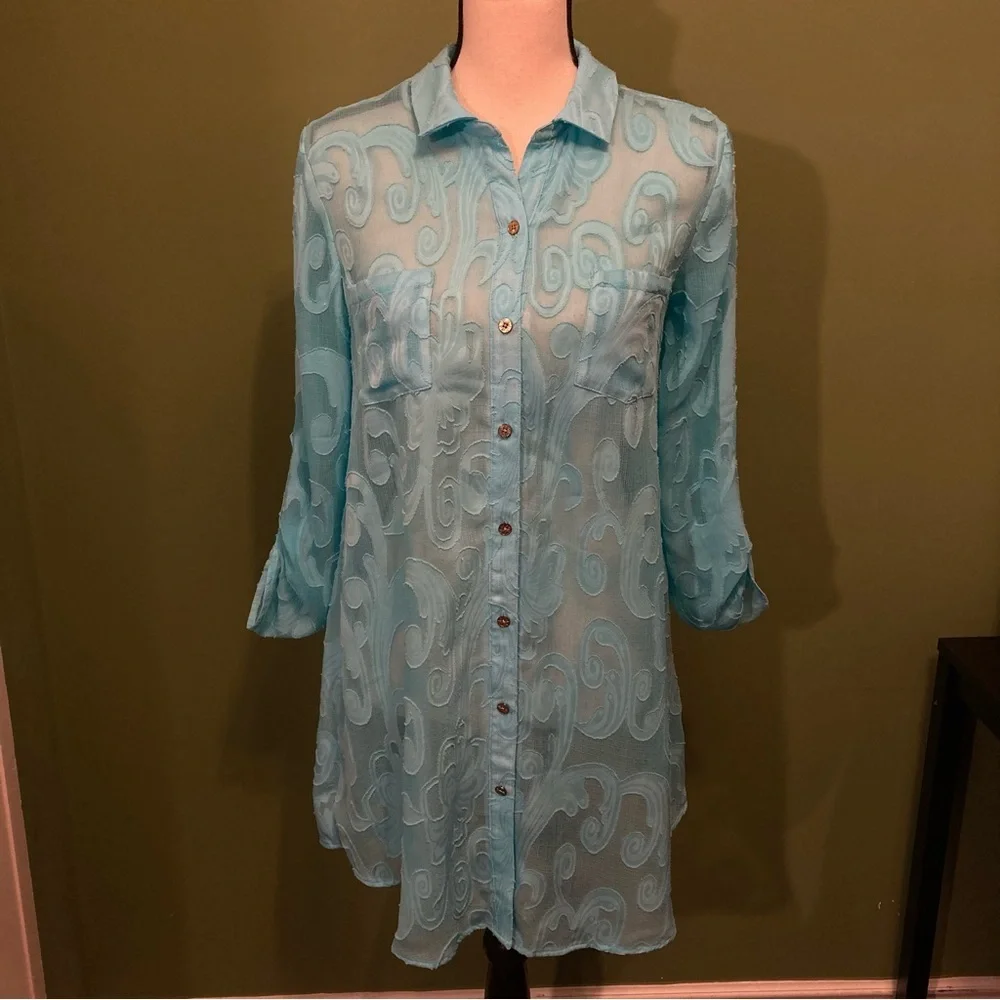 Lilly Pulitzer Light Blue Button-Down Sheer Shirt- - Picture 7 of 9